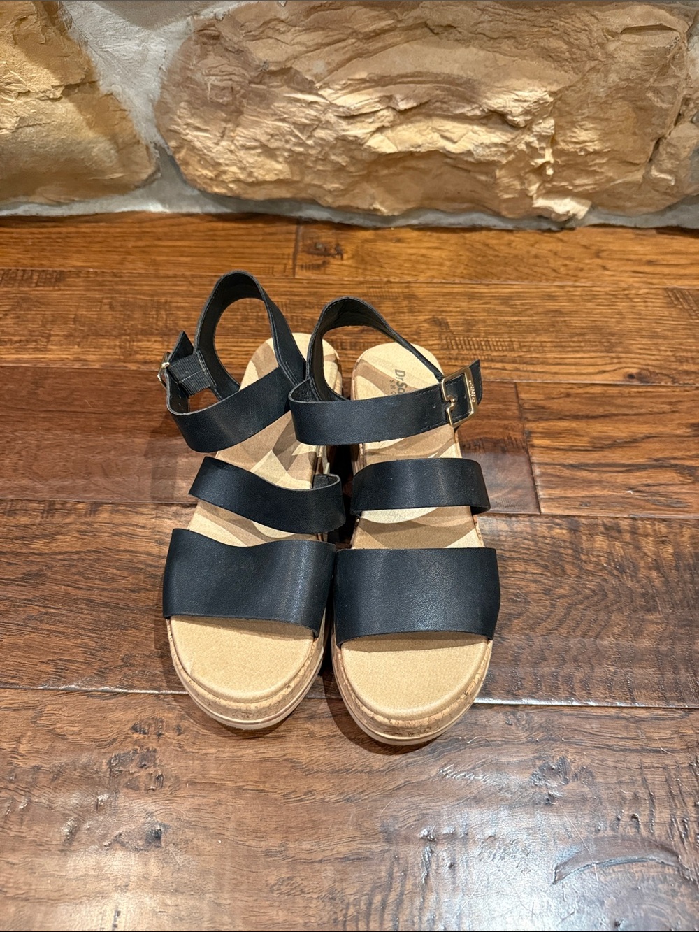 Dr. Scholl's Black Three-Strap Platform Sandals